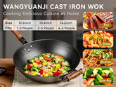 WANGYUANJI Cast Iron Wok with Lid and Wooden Handle – 14.2, 13.4, 12.6 Inch Large Flat Bottom Stir Fry Pan – Uncoated Craft Wok for Healthy Cooking – Compatible with All Stovetops